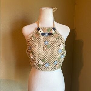 Aerie Crochet Halter Top with Floral Appliqué - Beige & Blue